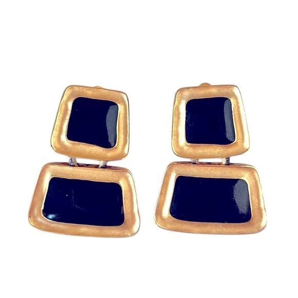 Vintage FO INC Gold Abstract Black Onyx Statement Earrings - Picture 1 of 4
